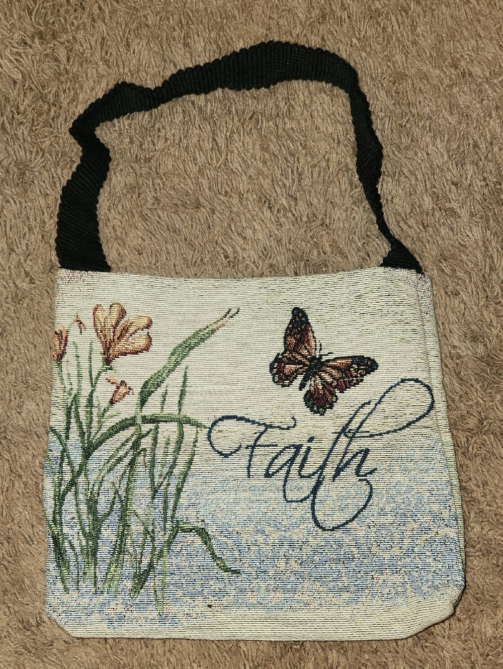 Vintage MWW Meadow Wonders Woven Tapestry Faith Butterfly Tote Bag Made in USA